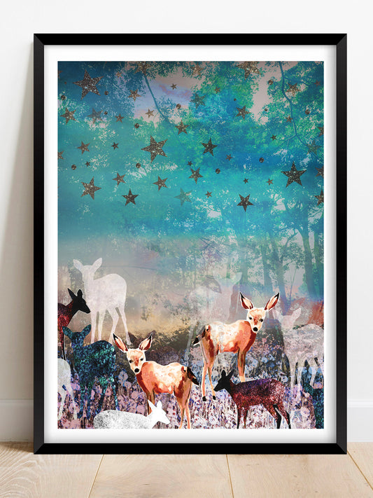 Framed A3 deer enchanted art print