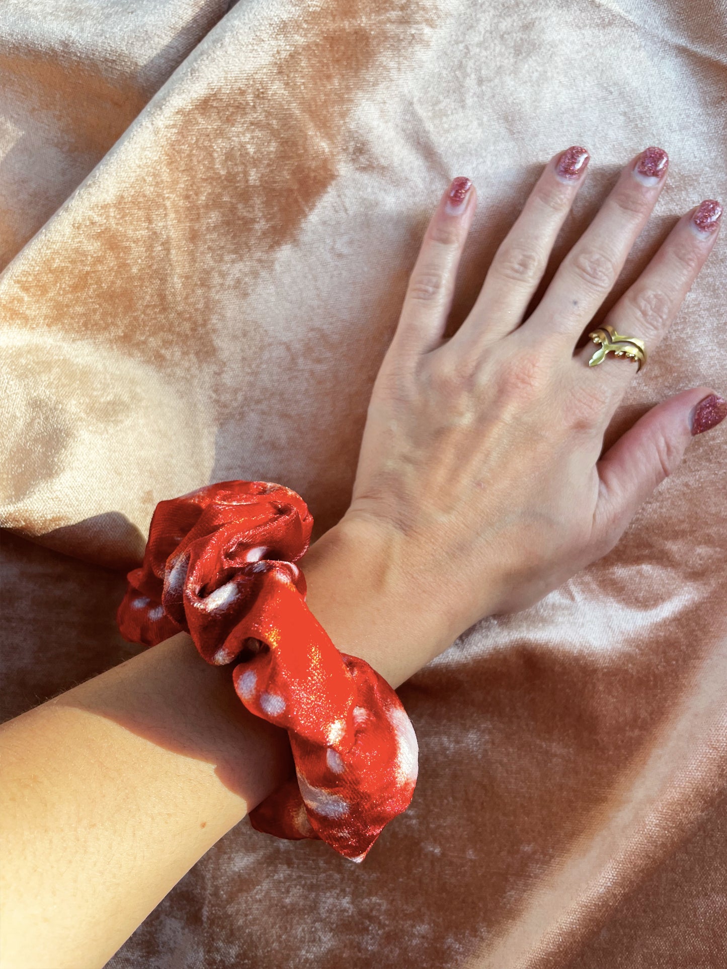 Small Shiny Amanita mushroom scrunchie