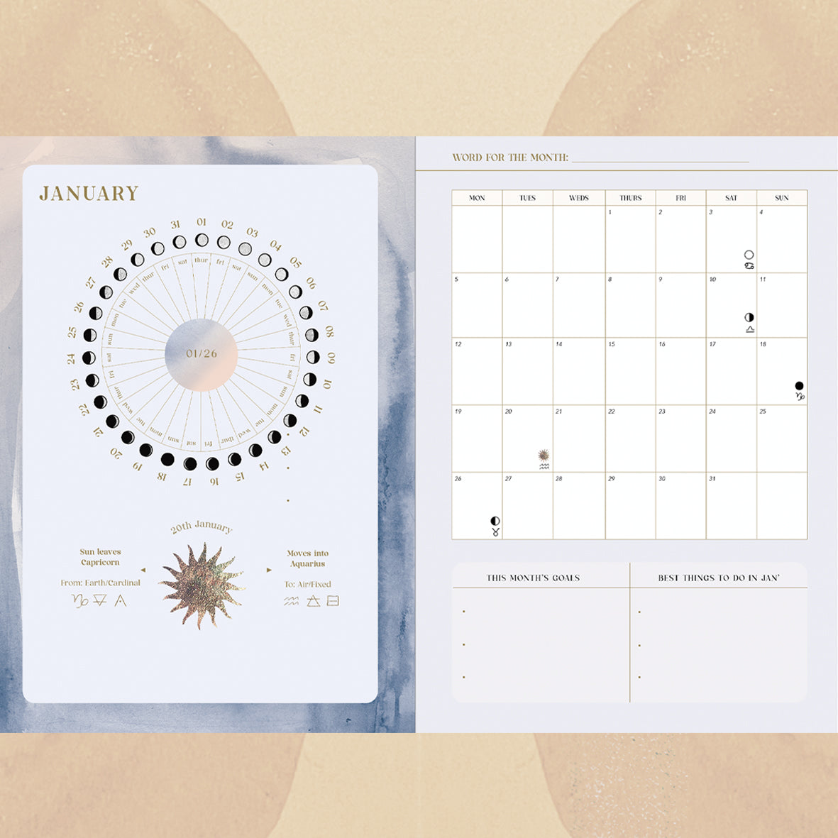 January page  Calendar planning spread along with a moon phases overview for the month ahead