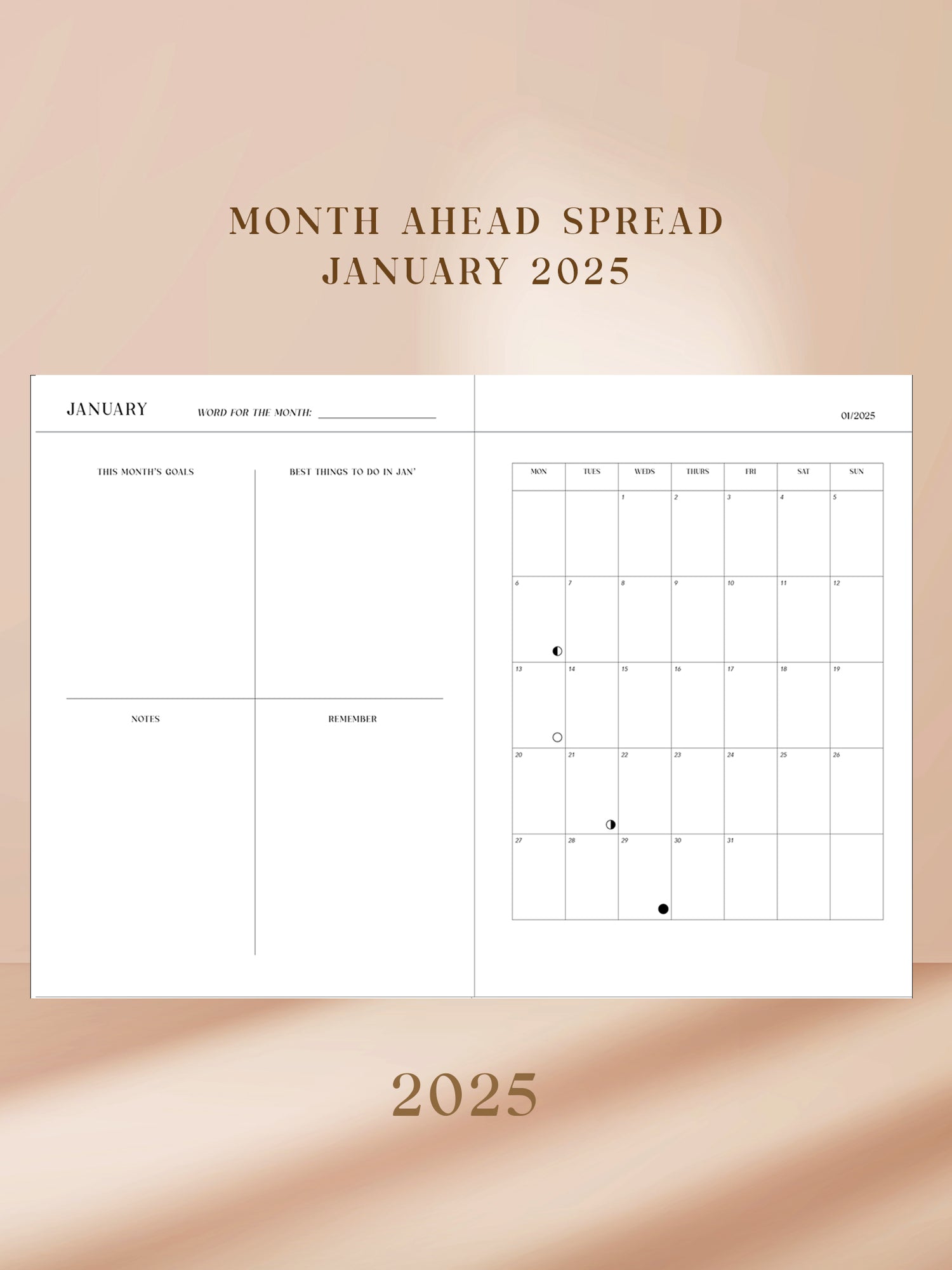 2025 January month ahead planning tools with calendar view. Space to write your goals for month ahead.
Calendar view includes moon phases