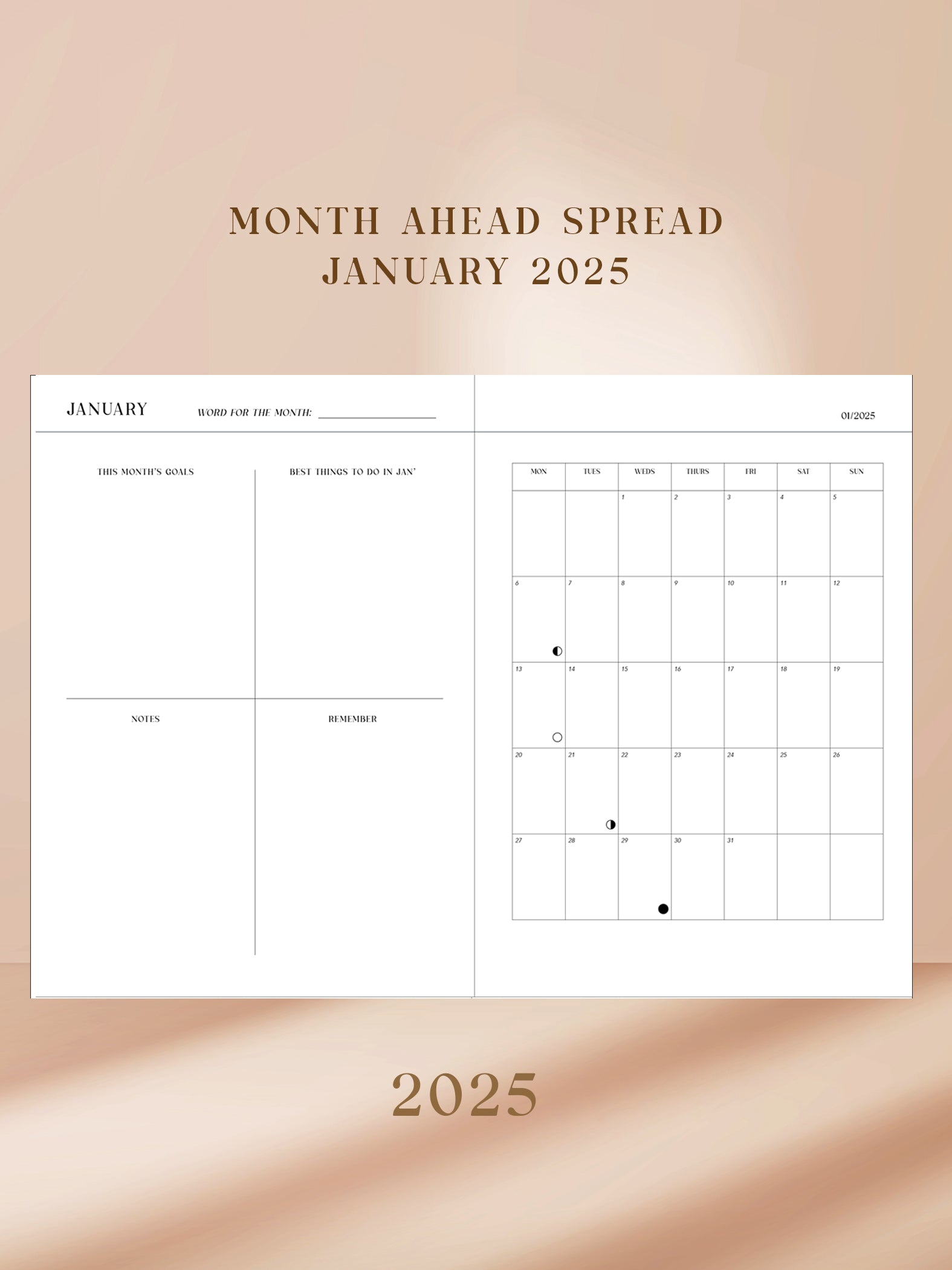 2025 January month ahead planning tools with calendar view. Space to write your goals for month ahead.
Calendar view includes moon phases