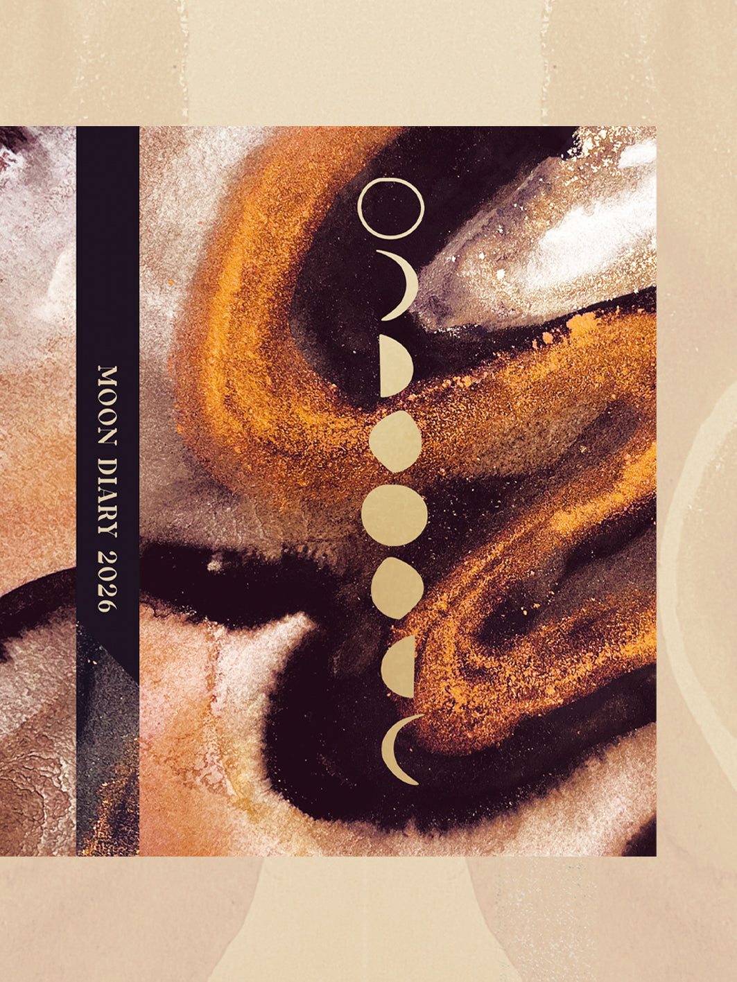 Moon diary 2026 cover with gold metallic moon phases