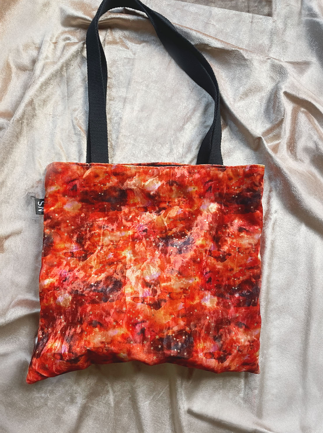 Red fiery cosmos velvet tote bag