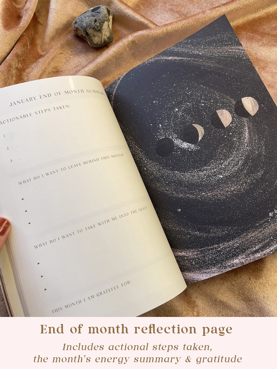 End of month reflection pages moon diary 2025 with illustrated moon phases pages 