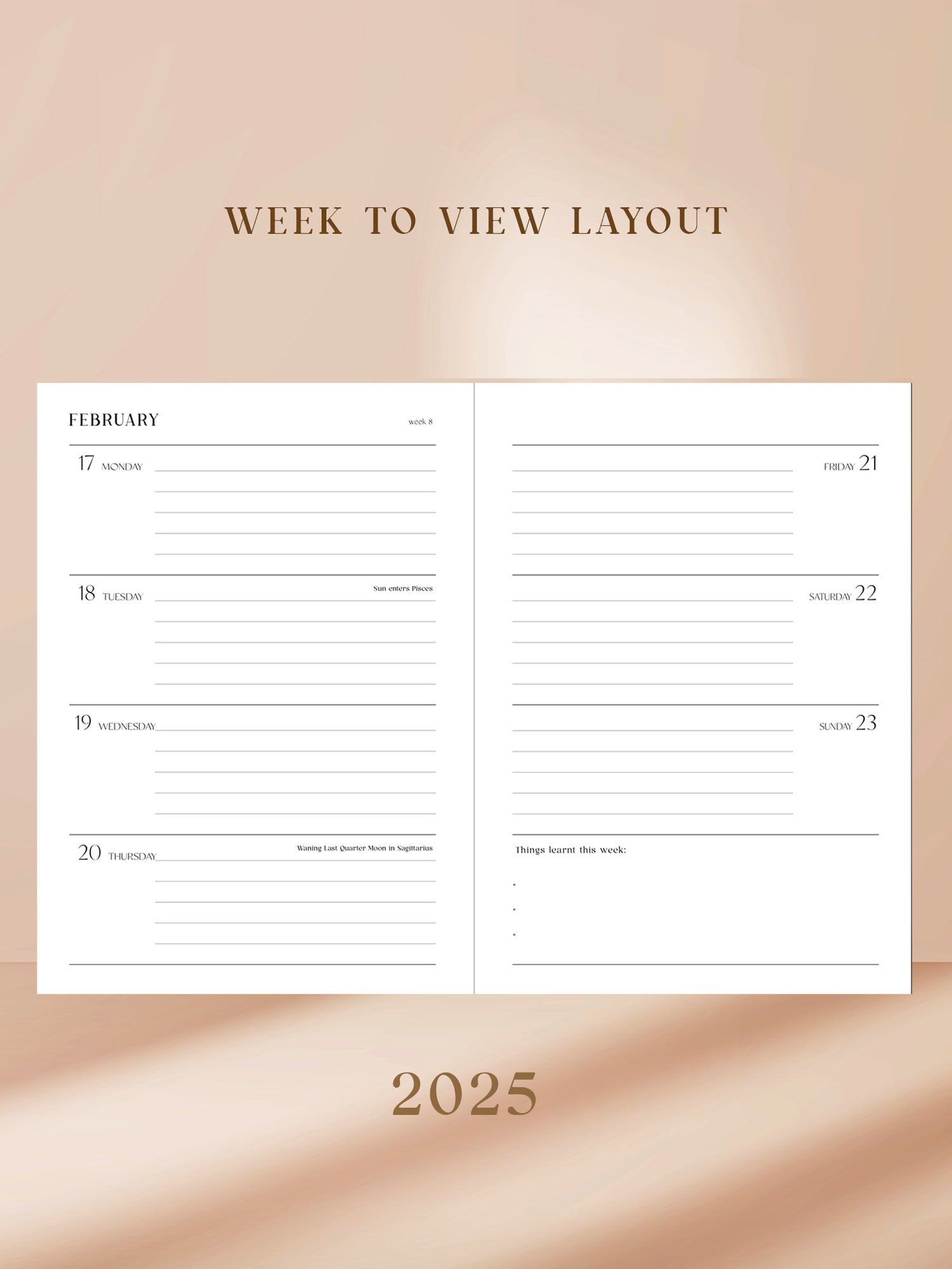 Week to view 2025 inside pages for diary.