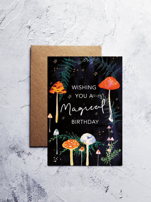 A6 Magical birthday mushrooms greeting card